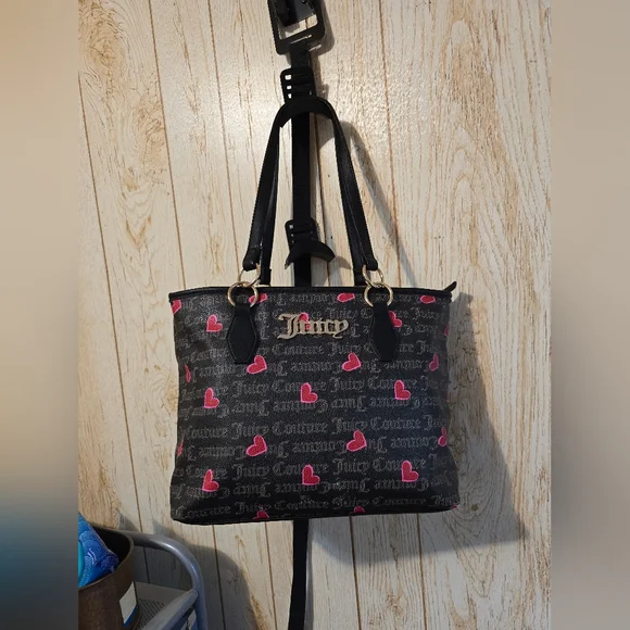Juicy Couture Black and Pink Hearts Tote - Picture 1 of 8